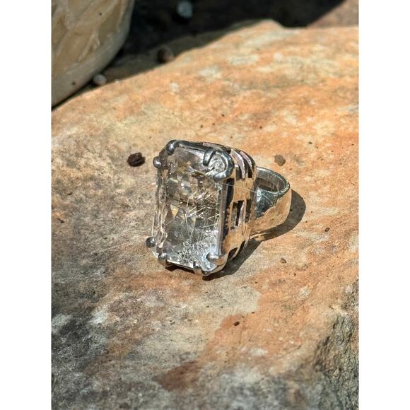 Rutile Quartz Crystal Faceted Hammered Heavy Sterling 925 Silver Ring - Picture 4 of 8